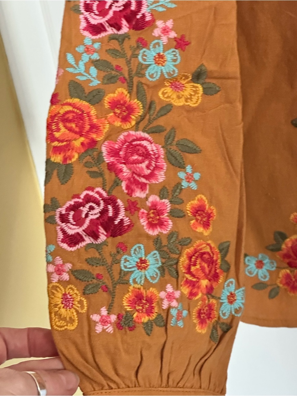 Savanna Jane Mustard Embroidered Floral Button-Front Top - Picture 7 of 12